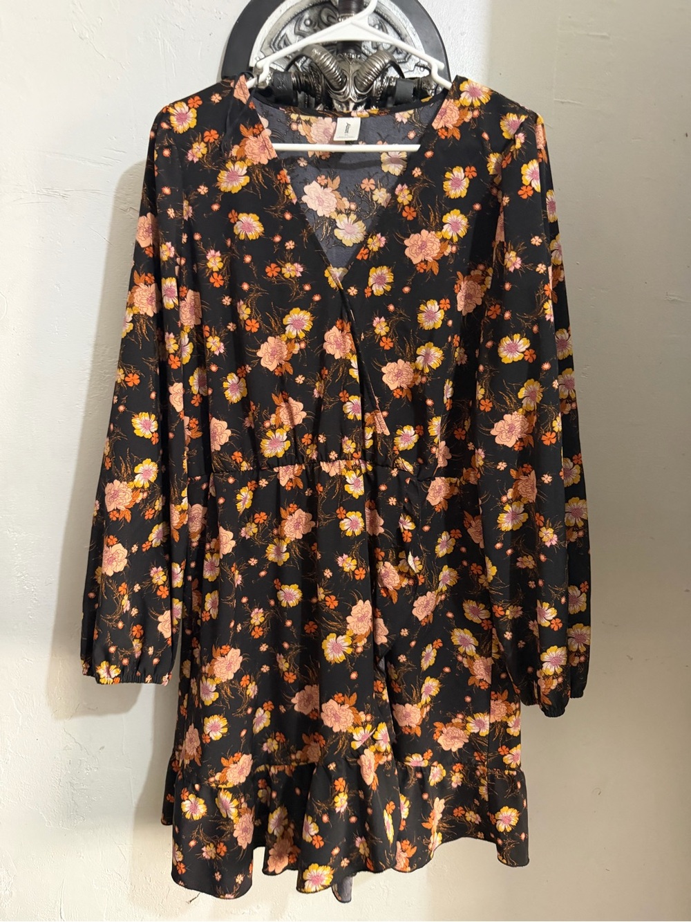 Abound Black Floral V-Neck Long Sleeve Dress with Pink & Orange Blooms